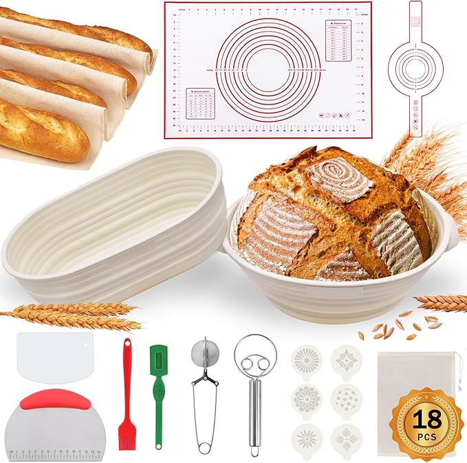 Aliggbent Silicone Banneton Bread Proofing Baskets, 10'' Oval ï¼?9'' Round Foldable Sourdough Bread Baking Supplies 18Pcs Sourdough Starter Kit Easy-to-Clean Proofing Baskets for Sourdough Bread Baking
