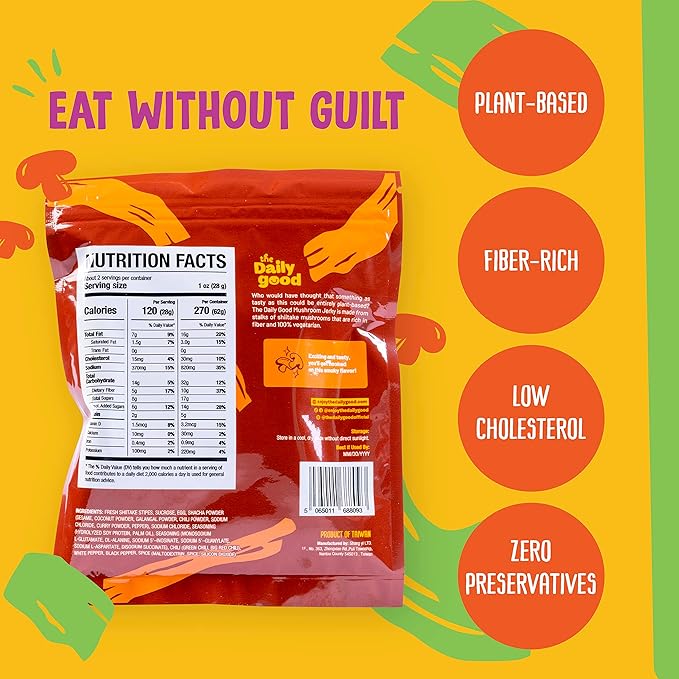 The Daily Good Mushroom Jerky - 3-Pack Snacks, Yummy High-Fiber Mushroom Snack, Meatless & Gluten-Free Food, Contains Eggs, Made from Shiitake Stalk, 0.58 lbs., Vegetarian, Charcoal Grill (BBQ Flavor)