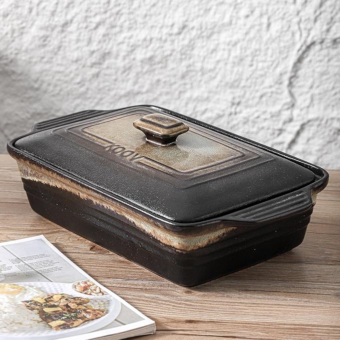 KOOV Ceramic Casserole Dish with Lid, Covered Rectangular Casserole Dish Set, Lasagna Pans with Lid for Cooking, Baking dish With Lid for Dinner, 9 x 13 Inches, Stripe Series (Rough Black)