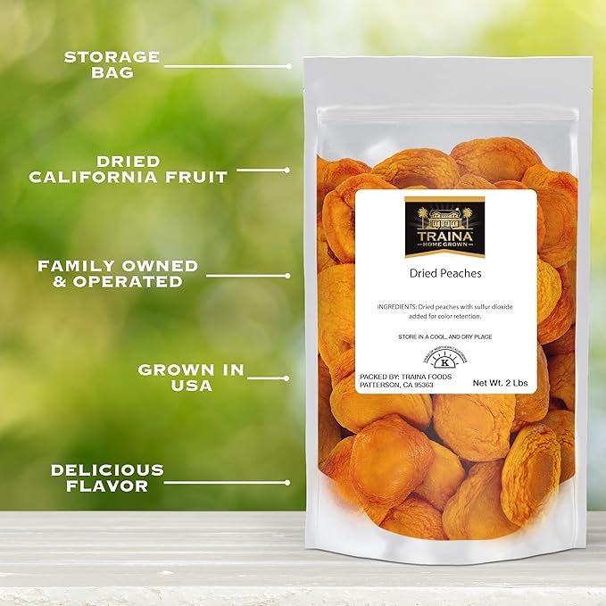 Traina Home Grown California Extra Fancy Sun Dried Peach Halves - Healthy, No Sugar Added, Non GMO, Gluten Free, Vegan, Packed in Resealable Pouch (2 lbs)