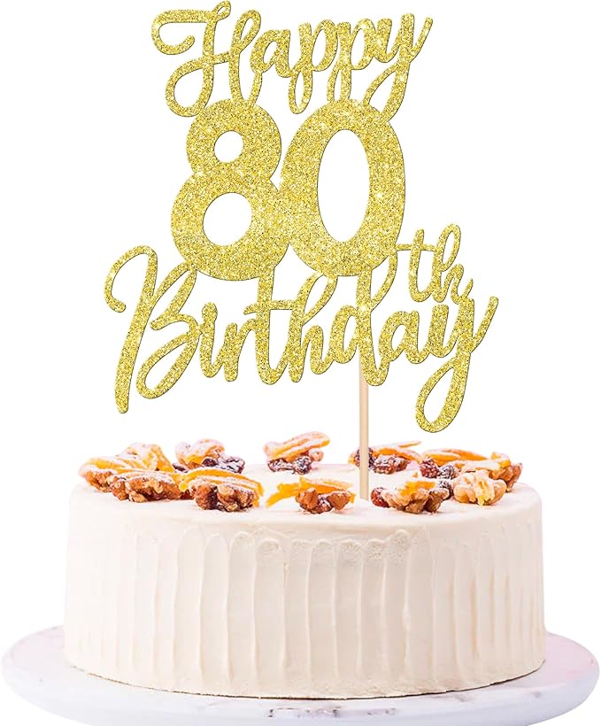 1 PCS Happy 80th Birthday Cake Topper Glitter Cheers to 80 Years Birthday Cake Pick Eighty Hello 80 Fabulous Cake Decoration for Happy 80th Birthday Anniversary Party Decorations Supplies Gold