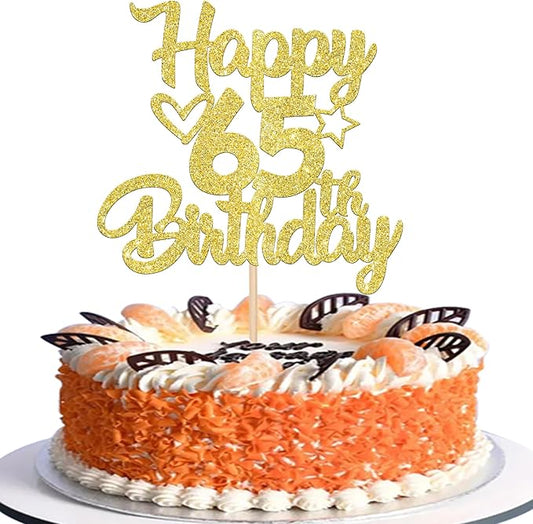 1 Pack Happy 65th Birthday Cake Topper Glitter Heart Star 65 Fabulous Cake Pick Birthday Sign Cake Decorations for Children 65th Birthday Theme Party Supplies Gold