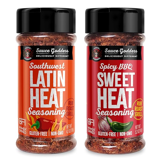 Sauce Goddess - Spicy BBQ Sweet Heat & Southwest Latin Heat Duo Premium Spices, No MSG, No Additives, Plant-Based, Shakers for Meat & Veggies - 2-Pack