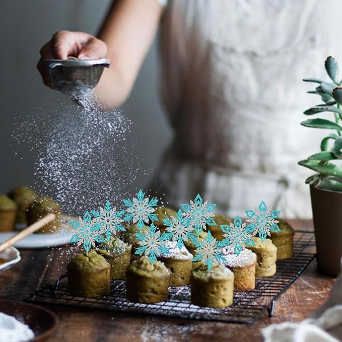 Rsstarxi 24 Pack Blue Snowflake Cupcake Toppers Double Layered Silver Snowflake Cupcake Picks Decoration for Winter Frozen Theme Baby Shower Wedding Birthday Christmas Party Cake Decorations