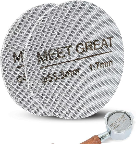 Meet Great- 2 Packs 53.3mm Espresso Puck Screen, 1.7mm Thickness 150?œm 316L Stainless Steel, Upgraded Reusable Coffee Filter Screen for 54mm Breville Portafilter Filter Basket
