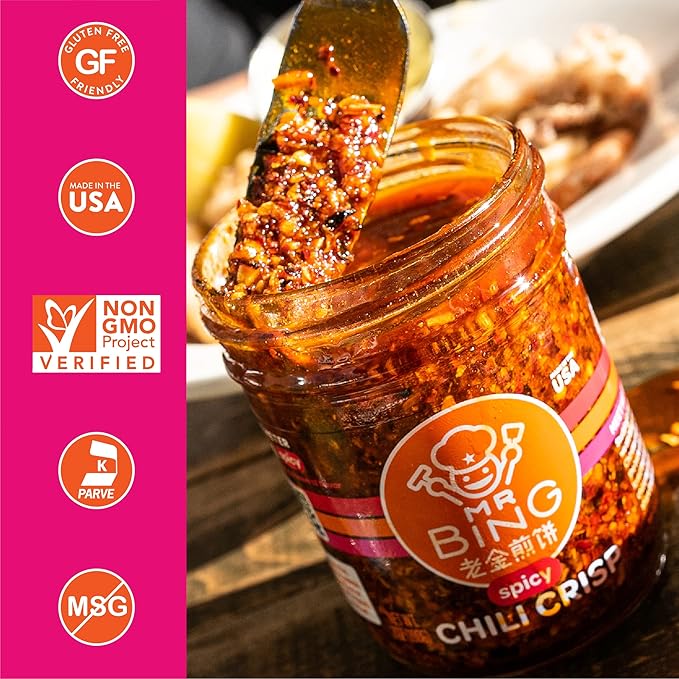 Mr Bing Chili Crisp - Delicious & Flavorful Chili Oil- Made in USA Chili Paste Hot Sauce - Gluten Free, Vegan, No MSG - Pack of 2 Spicy (7 oz.) Jars