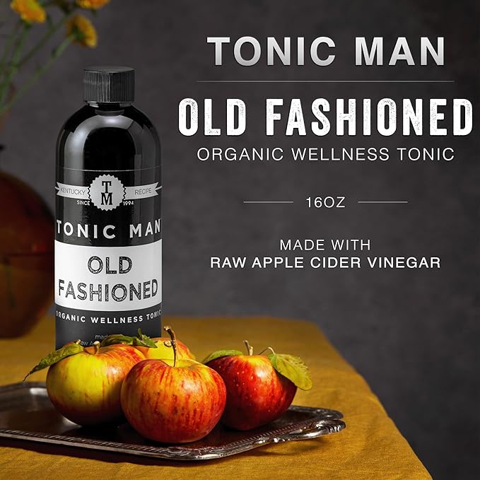 Tonic Man Old Fashioned Organic Wellness Tonic Made with Raw Apple Cider Vinegar Kosher Organic Apple & Grape Juices 12 Herbs & Spices Energize Body | Immunity Booster Non-GMO 16oz Bottle Pack of 4
