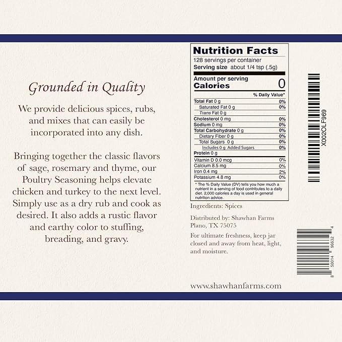 Shawhan Farms Classic Poultry Seasoning - Naturally Gluten-Free - Non-GMO - Perfect Blend for Chicken, Turkey, Stuffing, Dressing - 2.25 Ounce Bottle