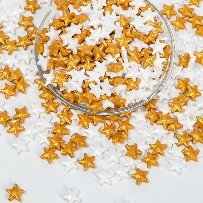 Edible Star Sugar Sprinkles, Gold and White Mix Size,Candy Star Sprinkle for Cake Decorations and Cupcake Toppers, Ice Cream, Wedding Party Valentines Christmas Supplies 130g/4.58ounce
