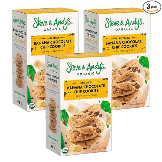 Steve & Andy?™s Soft Bake Chocolate Chip Banana Bread Cookies -Organic, Gluten Free, Non-Gmo, Vegan, Dairy Free, Nut Free, Egg Free, Wheat Free, Soy Free ??16.5 Oz, 3 Boxes (30 Cookies)