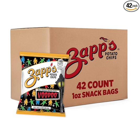 Zapp's New Orleans Voodoo Potato Chips, 42 Count - Crunchy, Gluten Free Snack with Salt, Vinegar, and Smoky BBQ Flavors