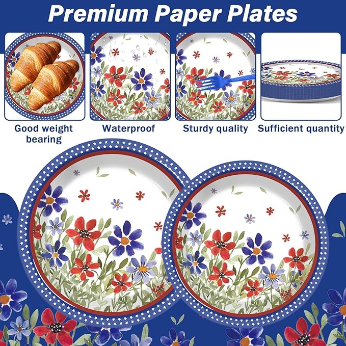 96Pcs American Memorial Patriotic Plates and Napkins Independence Day Party Decorations 4th of July Poppy Flower Dessert Plates Patriotic Tableware for 24 Guests Labor Veterans Days Party Supplies