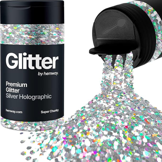 Hemway Premium Glitter Shaker - Silver Holographic | 115g Super Chunky Metallic Flake Sequins for Resin & Epoxy Crafts | Craft Supplies for Tumblers, Festival, Art