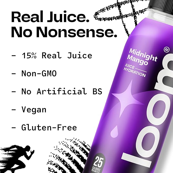 Midnight Mango Juice Drinks by Loom, Low Sugar Juice, Real Fruit, No Added Sugar, 30 Calories, Vegan, Gluten Free, 12 oz bottles, 12 pack
