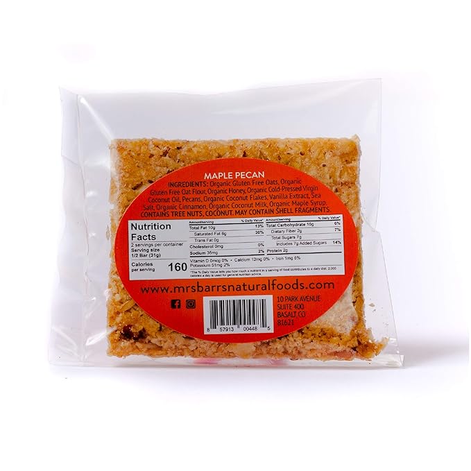 Mrs. Barr’s Natural Foods Granola Bars | Maple Pecan | Certified Organic Gluten Free Oats | Soft Texture | Small Batch | Gourmet Quality | Real Ingredients | 2.2 Ounces (12 Pack)