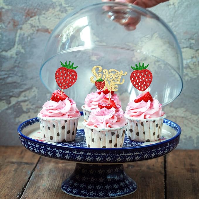 24Pcs Strawberry Sweet One Cupcake Toppers Glitter First Birthday Strawberry Cupcake Picks for Fruit Theme Baby Shower Kids 1st Birthday Anniversary Party Cake Decorations Supplies
