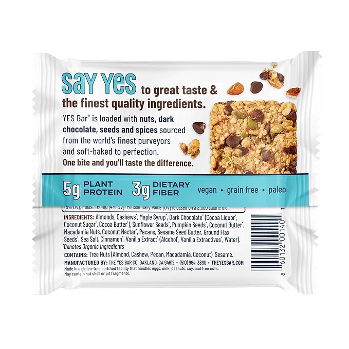 The YES Bar ??Dark Chocolate Chip ??Plant Based Protein, Decadent Snack Bar ??Vegan, Paleo, Gluten Free, Dairy Free, Low Sugar, Healthy Snack, Breakfast, Low Carb, Keto Friendly (24 Count)