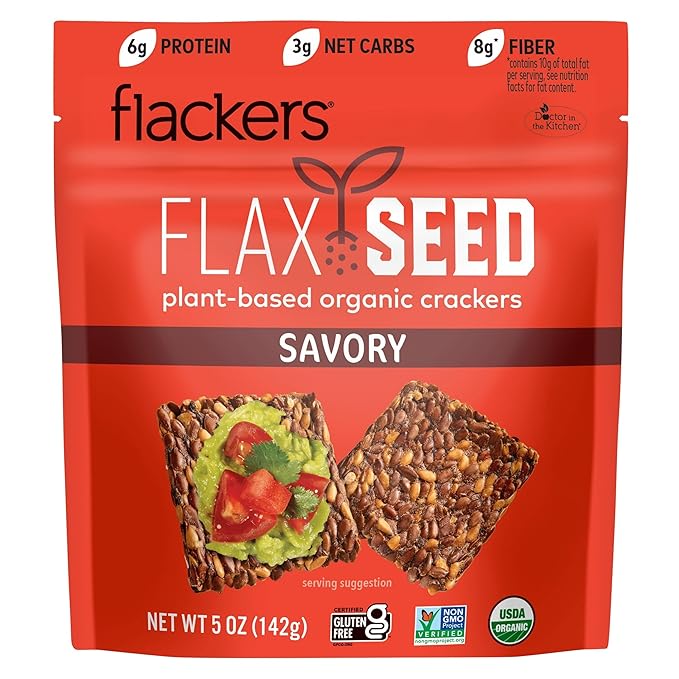 Flackers Organic Savory Flaxseed Crackers, 5 Ounce 1-Pack, Gluten Free, Non GMO, Vegan, Keto Snack, 8g Fiber, 3g Net Carbs