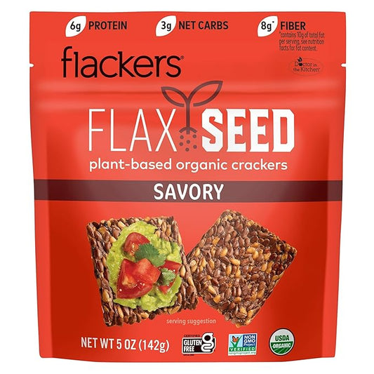 Flackers Organic Savory Flaxseed Crackers, 5 Ounce 1-Pack, Gluten Free, Non GMO, Vegan, Keto Snack, 8g Fiber, 3g Net Carbs