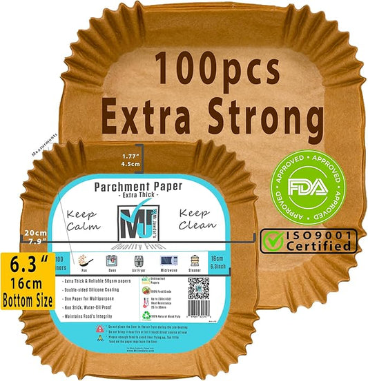 ((Extra Strong)) Air Fryer Disposable Paper Liner 100Pcs, Mr.Jawdat's Strong AirFryer Liners, Non-Stick Liner for Air Fryer and Microwave, Free of Bleach (Square, Bottom Size 6.3inch)