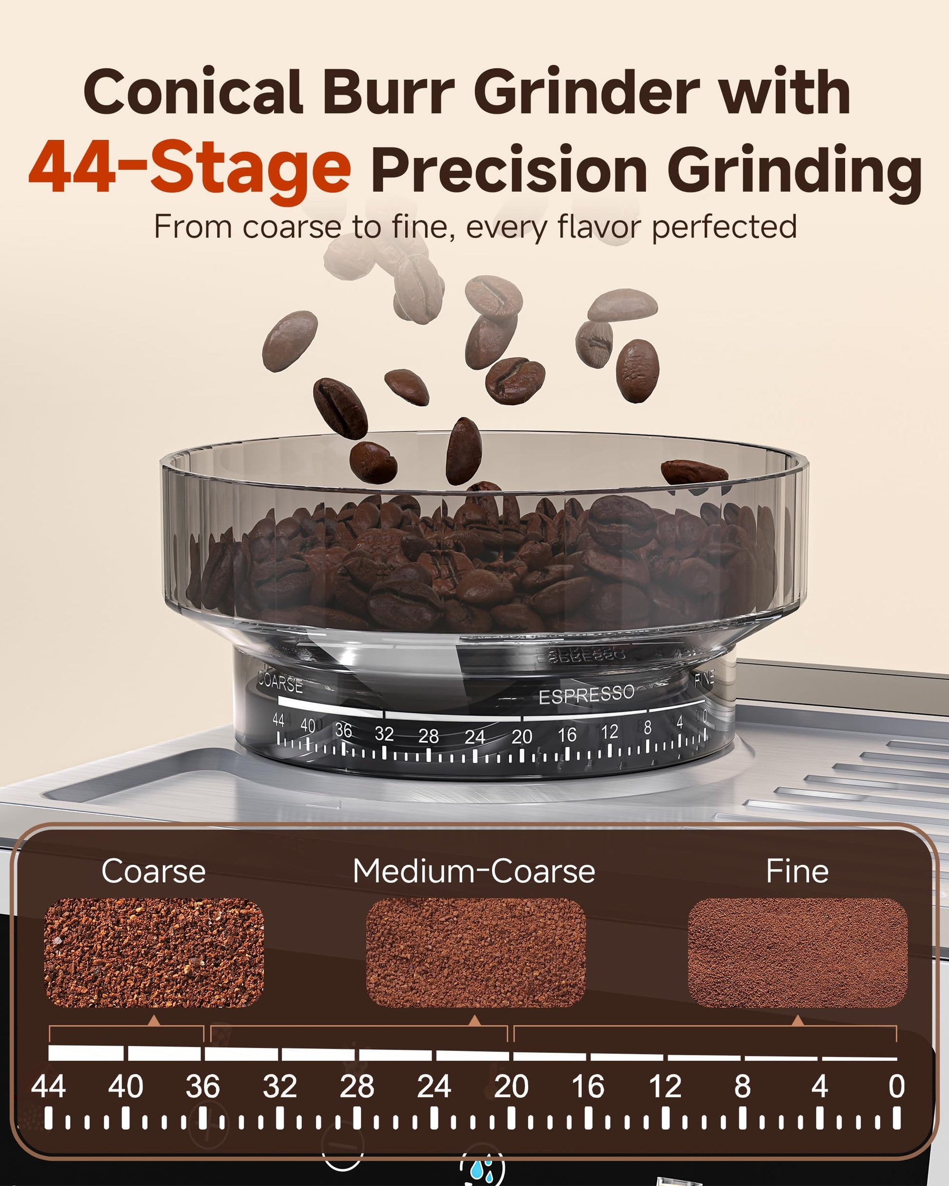 AMZCHEF Espresso Machine With Grinder, Temp Control, 44 Grind Settings