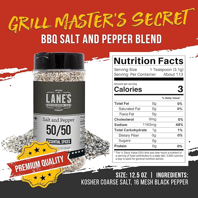 Lane's BBQ Salt and Pepper 50/50 | Coarse Salt and 16 Mesh Black Pepper | Bulk Spices | Gluten-Free | 12.5oz Bottle