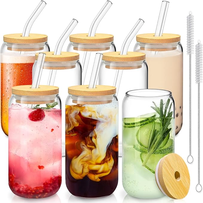 16 Oz Drinking Glasses with Bamboo Lids and Glass Straw - 8 Pcs Glass Cups Beer Ice Coffee Glasses Cute Aesthetic Cup Great for Coffee Bar Accessories Include 2 Cleaning Brushes