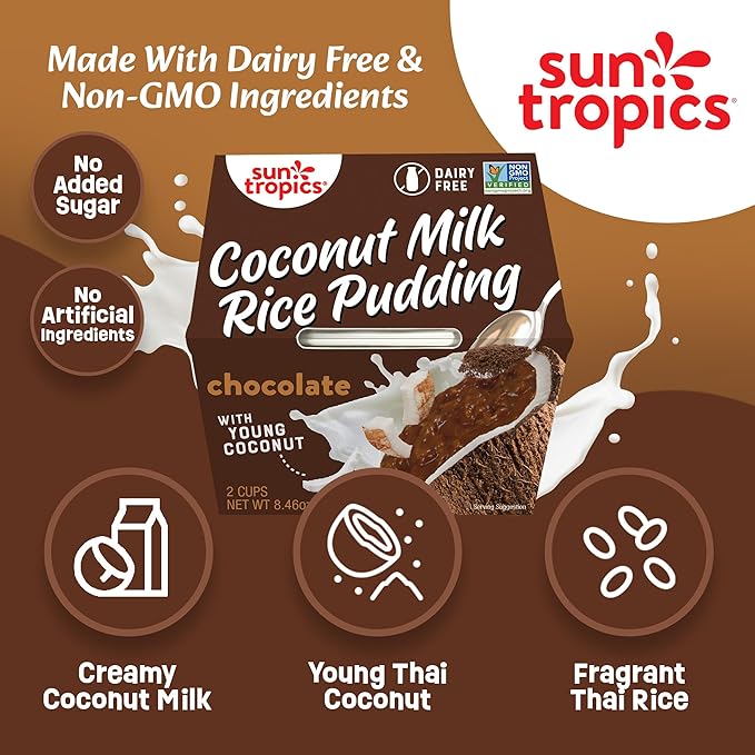 Sun Tropics Coconut Milk Rice Pudding Snack, Chocolate | Vegan Pudding, Dairy Free Pudding Snacks | Gluten Free, Low Sugar, Non-GMO | Ready-to-Eat Pudding Cups 8.46 Oz (Pack of 6)