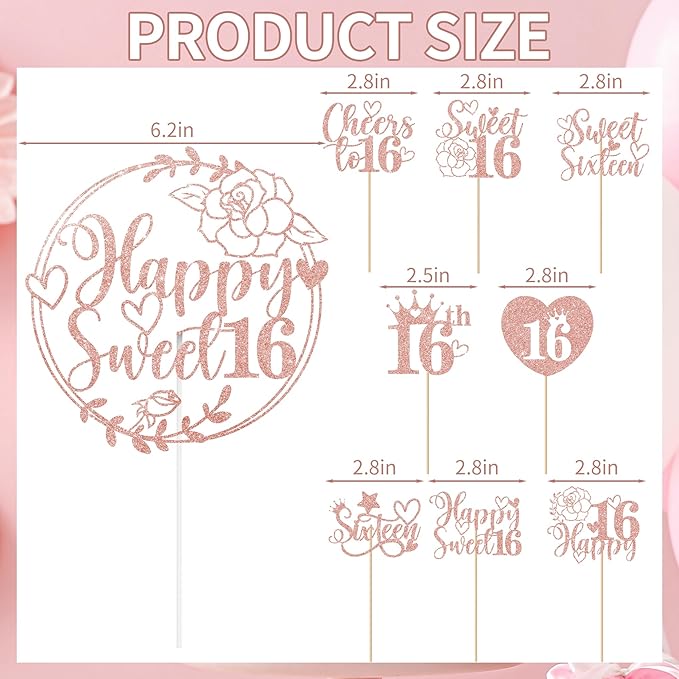 Sweet 16 Cake Topper - Sixteen Cupcake Picks Decorations 25 Pcs Pink Glitter Happy Sweet Sixteen Cake Toppers Rose Gold Party Cupcake Decor for 16 Years Birthday Party Decoration Supplies