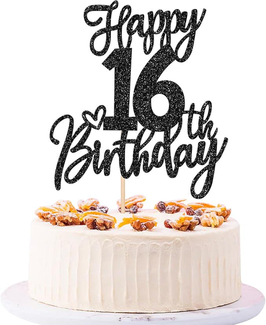 1 PCS Happy 16th Birthday Cake Topper Glitter Cheers to 16 Years Birthday Cake Pick Sixteen Sweet 16 Cake Decoration for Happy 16th Birthday Anniversary Theme Party Decorations Supplies Black