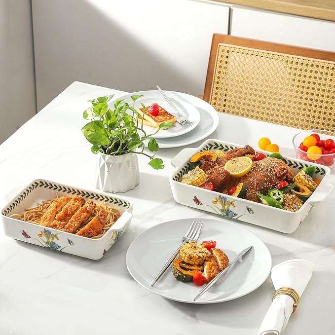 Ceramic Baking Casserole Dish with Handles, Large 8x13 inch & 6x10 inch Pan and Middle Baking Pan - Porcelain Serving Bakeware Set (Iris)