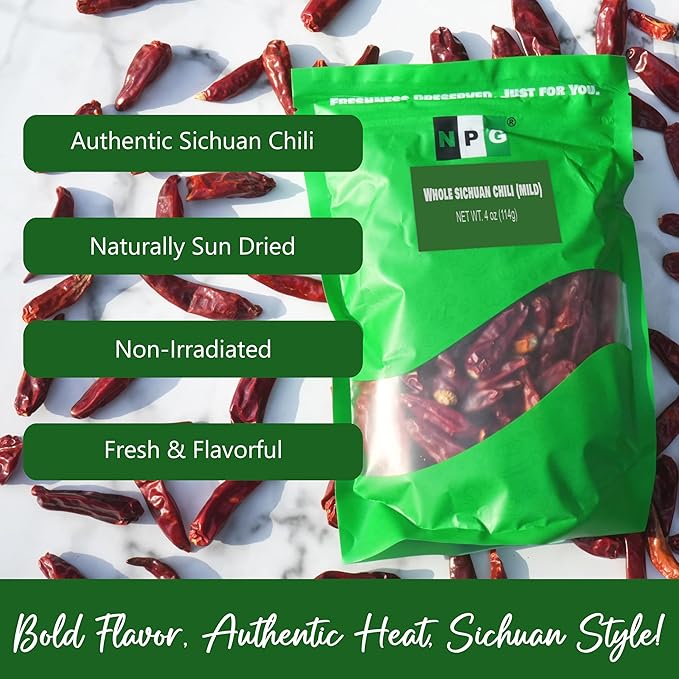 NPG Sichuan Chili Peppers 4 Ounces, Mild, Used in Mexican, Chinese, Thai Dishes, Premium Szechuan Dried Red Chilies for Chili Oil, Paste, and Sauce