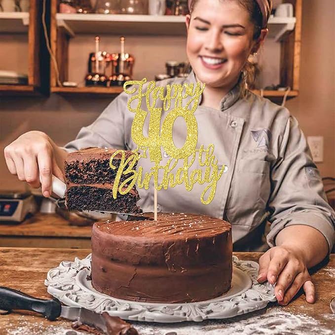 1 PCS Happy 40th Birthday Cake Topper Glitter Cheers to 40 Years Birthday Cake Pick Forty Hello 40 Fabulous Cake Decoration for Happy 40th Birthday Anniversary Party Decorations Supplies Gold