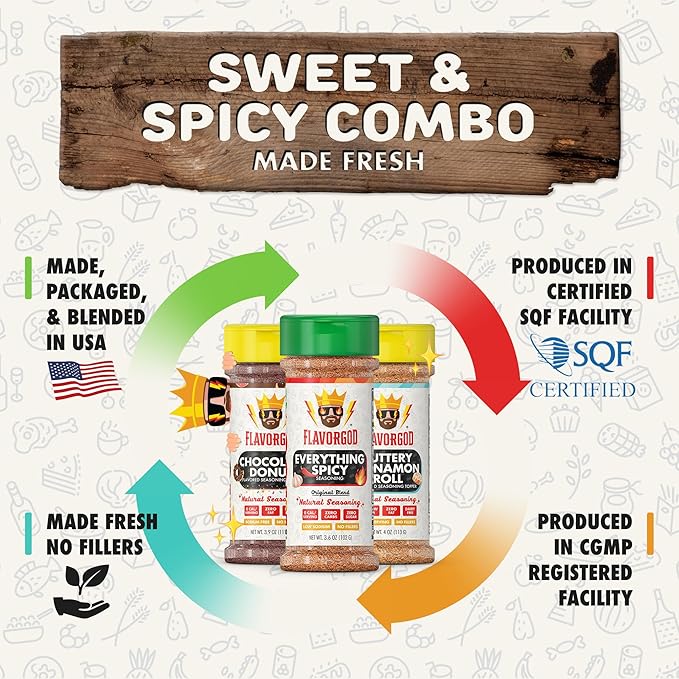 Sweet & Spicy Combo Pack of 3, Spices, Toppers and Seasoning Gift Set - Everything Spicy, Buttery Cinnamon Roll & Chocolate Donut - Premium All Natural & Healthy Spice Blend - Flavor God Seasonings