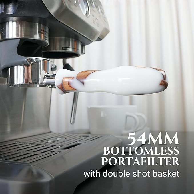 54mm Bottomless Portafilter Modern Handle ??Includes Stainless Steel Naked Basket ??Fits Breville Barista Express & 54mm Breville Espresso Machines - Espresso Machine Accessories ??White