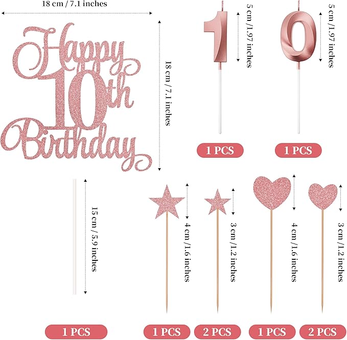 10th Birthday Cake Decorations, 10th Birthday Candles Cake Numeral Candles and Glitter Happy 10th Birthday Cake Toppers Set for Birthday Party Supplies (Rose Gold)