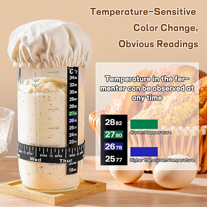 DWTS DANWEITESI Sourdough Starter Jar with Date Marked Feeding Band, Thermometer, Sourdough Fermentation Jar Scraper, Sewn Cloth Cover & Aluminum Lid, Sourdough Starter Kit Reusable(2pcs/24oz)