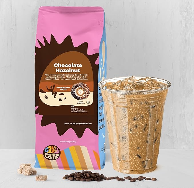 Crazy Cups Chocolate Hazelnut Ground Coffee, For Brewing Flavored Hot Or Iced Coffee, Medium Roast Flavored Coffee in 10 oz Bags, Pack of 3