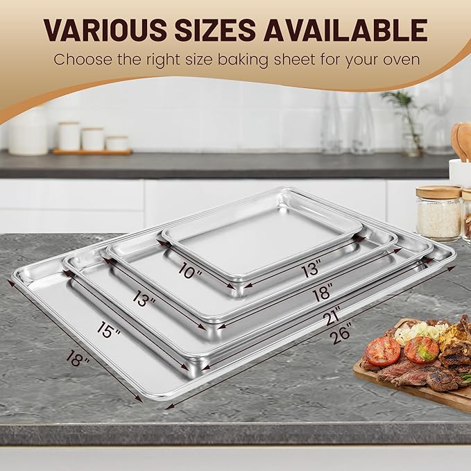 6 Pack Full Size Baking Sheet Pan Aluminum Commercial Pan for Oven Freezer Bakery Hotel Restaurant 18" × 26"