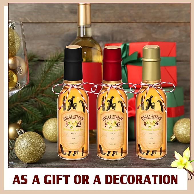 Tioncy 16 Pcs Vanilla Extract Bottles for Homemade Vanilla Jar Glass Bottle with Cap, Shrink Band, Sticker Syrup Gift Food Storage Canister for Bean Sauce Spice (Black, Red, Gold,5 oz)