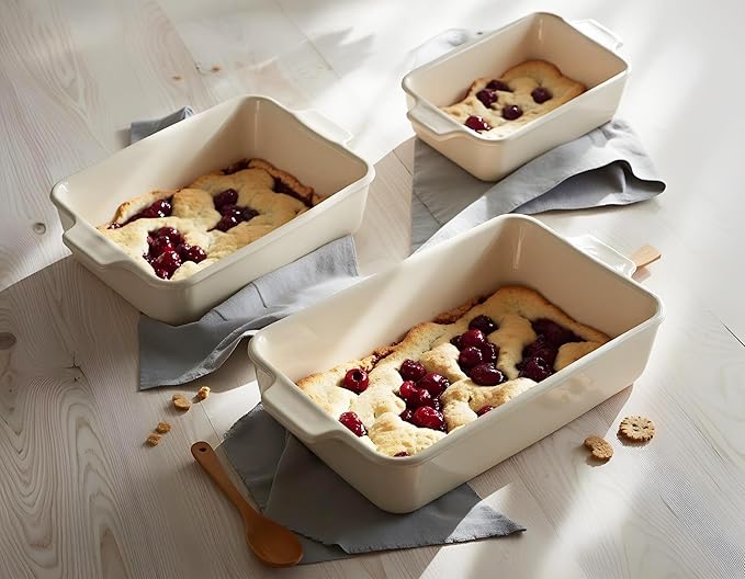 Kook Casserole Dishes for Oven, Ceramic Bakeware Set, Rectangular Baking Dishes, For Casseroles, Lasagna, Cake, Small, Medium & Large Pans, Microwave & Dishwasher Safe, Set of 3 (Cream)