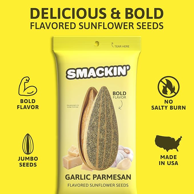 SMACKIN' Sunflower Seeds, Roasted Jumbo Small-Batch, American Made - Garlic Parmesan. 1.5oz bags (36 Pack)