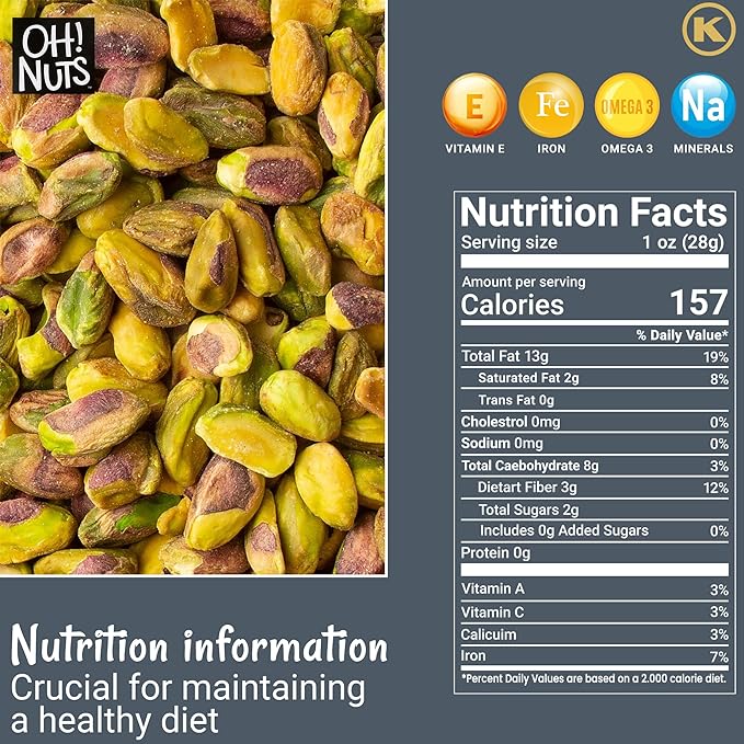 Oh! Nuts Pistachios No Shell - Raw - 100% Natural - 1 lb - Raw Whole California Pistachios - Packed in New York Zip-Seal Bag for Exceptional Freshness