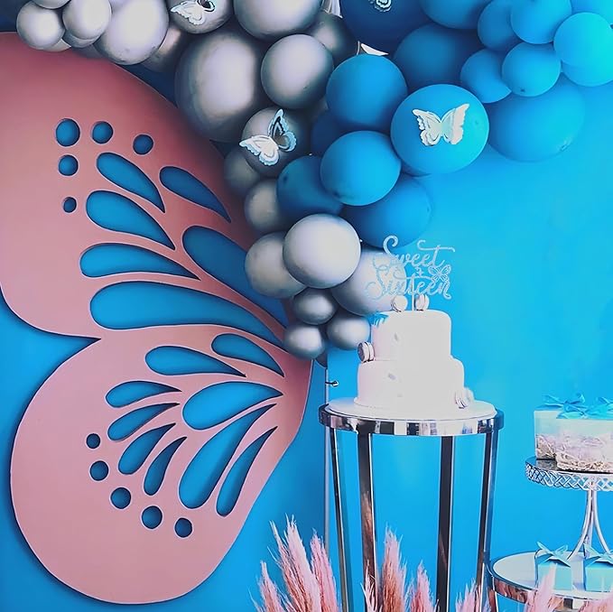 Sweet Sixteen Cake Topper - Blue Glitter Butterfly Theme Sweet 16 Birthday Cake Decorating Supplies for Girls, Sweet 16 Cake Topper for Happy 16th Birthday Anniversary Party Supplies Photo Booth Props