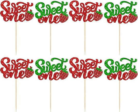 24Pcs Sweet One Cupcake Toppers Glitter Strawberry Cupcake Picks for Baby Shower Boys and Girls 1st Birthday Party Fruit Strawberry Theme Party Cake Decorations Supplies
