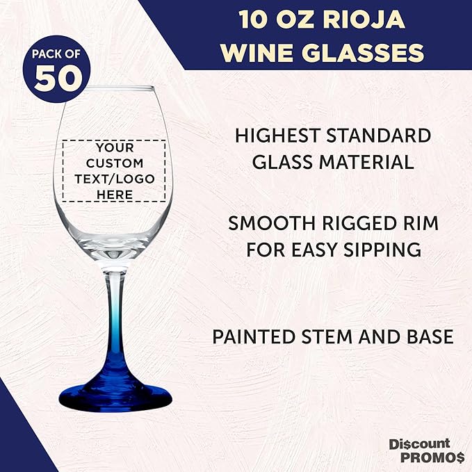 Custom Rioja Wine Glasses with Stem 10 oz. Set of 50, Personalized Bulk Pack - Color Bottom, Perfect for Wedding, Party Favors, Birthday, Bridal Shower Gifts - Blue