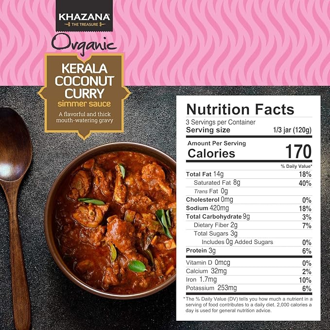 Khazana ORGANIC Kerala Coconut Curry Indian Simmer Sauce - 12.7oz Jars | Non-GMO, Vegan, Gluten Free, Kosher | Authentic Indian Meals Made Easy at Home!