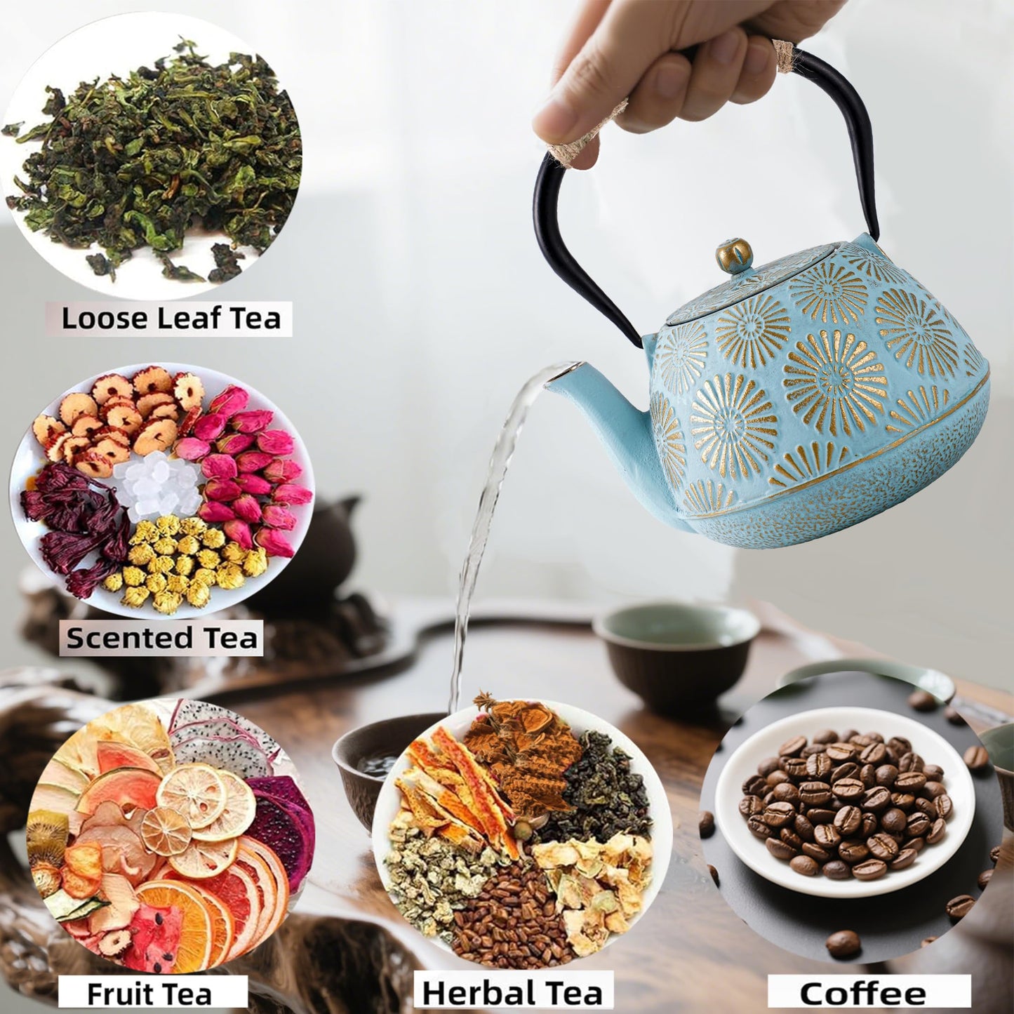 TiwisiTe Cast Iron Teapot 40oz Infuser, Gold Gilt Enamel Lining