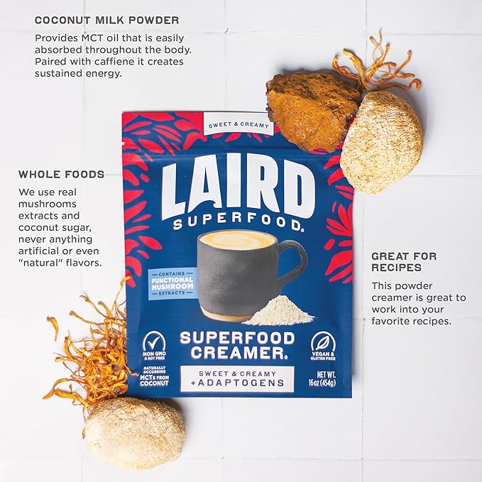 Laird Superfood Non-Dairy Coconut Powder Creamer - Sweet & Creamy + Adaptogens - Superfood Creamer with Functional Mushrooms - Non-GMO, Vegan, 16 oz. Bag, Pack of 1