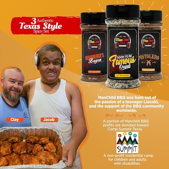 Manchild BBQ Rub Spices and Seasonings Gift Set | All Natural Texas Spice Dry Rubs for Cooking & Smoking Meat | Pork, Beef, Chicken, Ribs, Fajitas, Cajun, Steak & Seafood | Grilling Gifts for Men